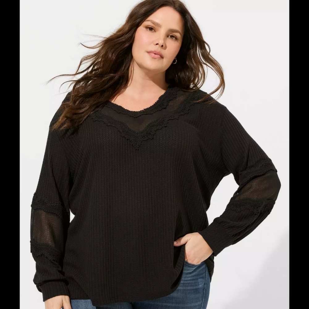 Torrid Black Waffle V-Neck Mesh Inset Sweatshirt